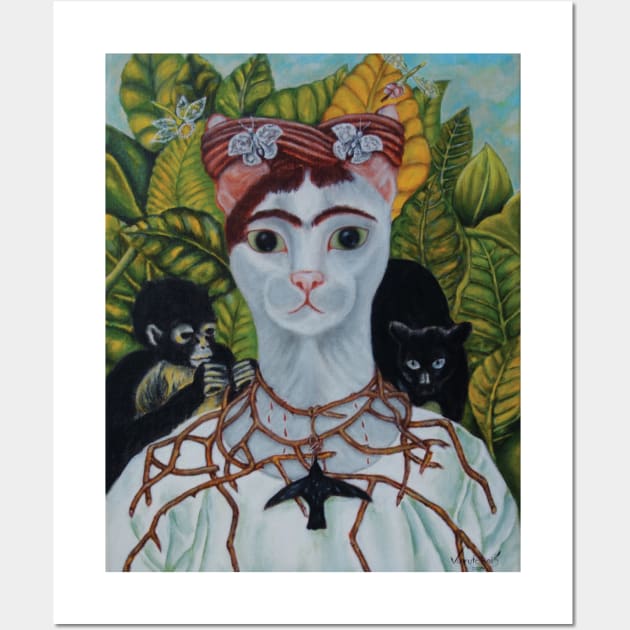 Frida portrait with Thorn Necklace and Hummingbird Wall Art by Varutchai